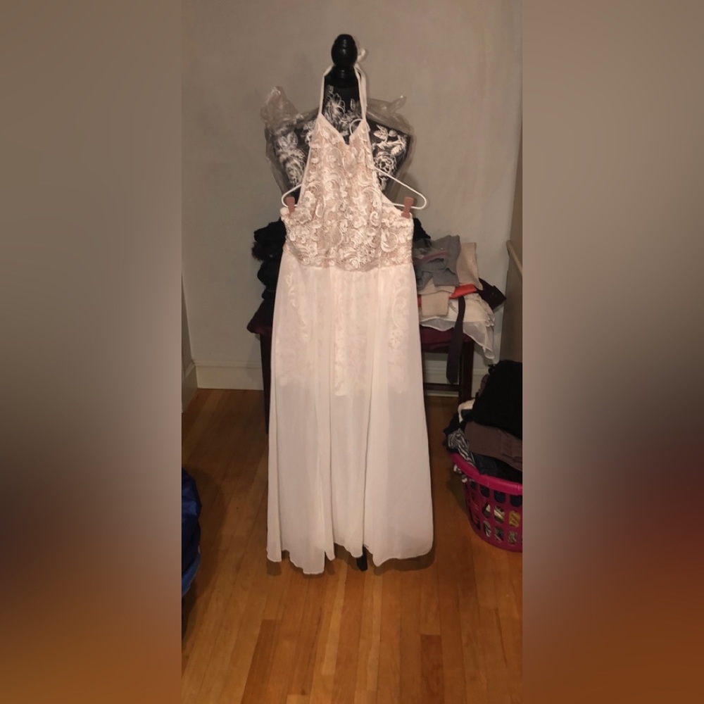 ZAFUL size XL Ivory high low halter dress with crochet sheer overlay